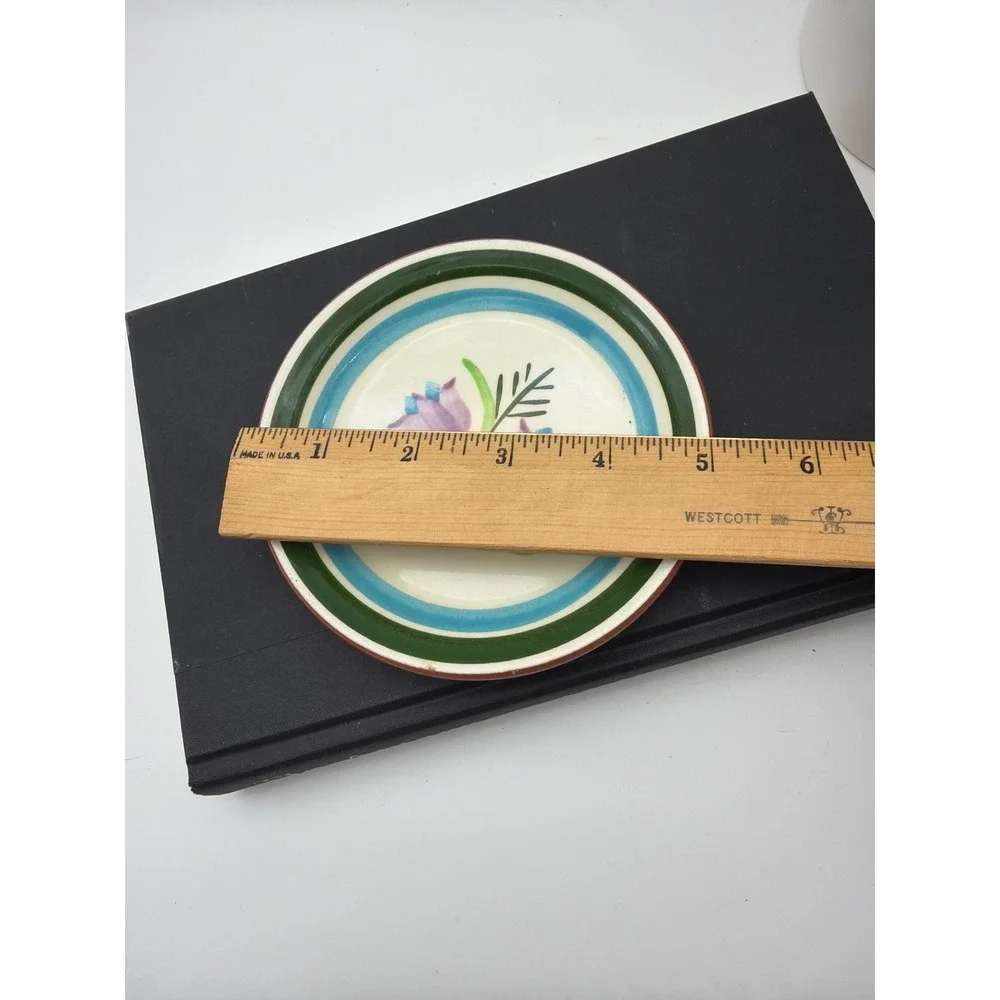 Vtg Stangl Pottery Hand Painted Floral Trinket Dish Blue Green Banded 5